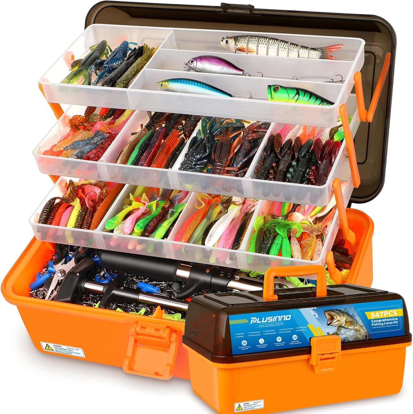 PLUSINNO Large 4-Layer Tackle Box with 547Pcs Fishing Lures Kit