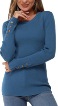 Women's Fall Fashion Sweater Long Sleeve Crew Neck Button Stretch