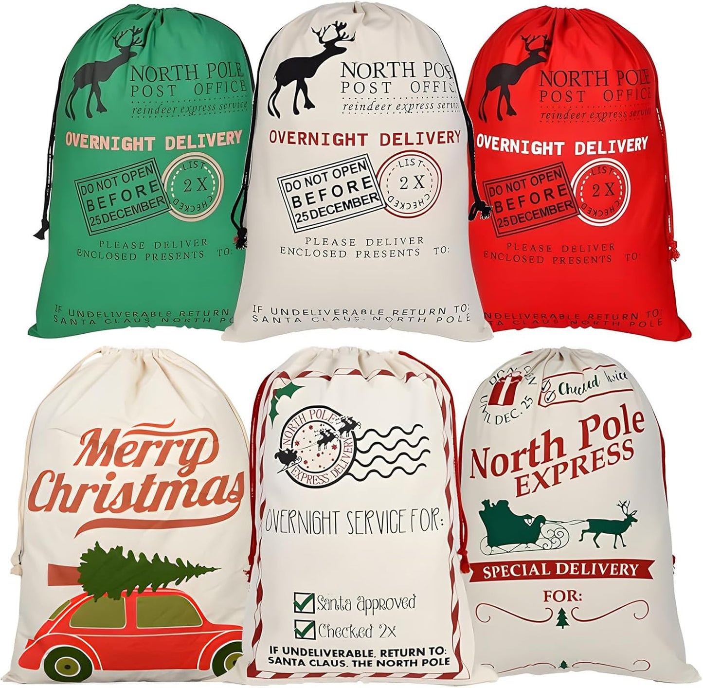 LDIWEE 6 Pack Santa Sacks - Large Reusable Gift Bags for Holidays