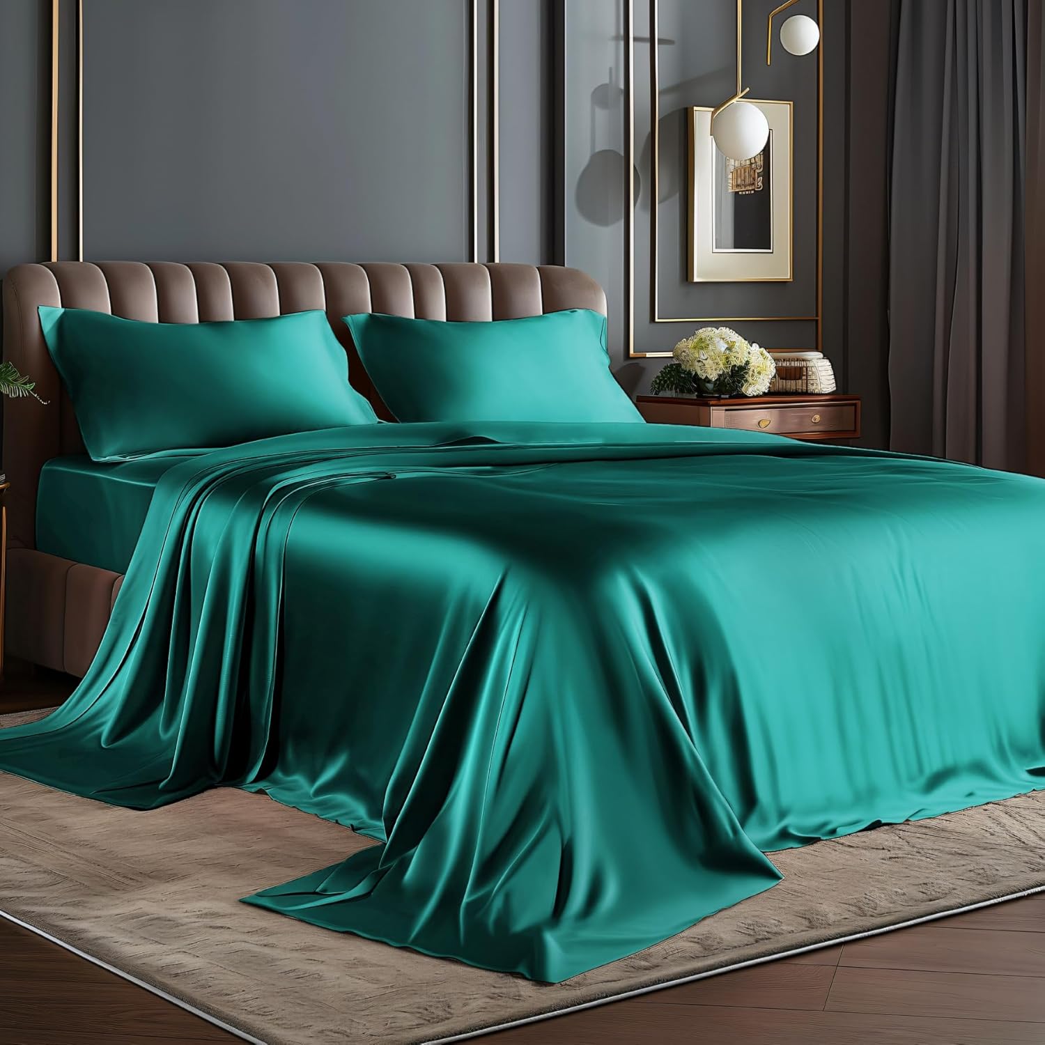 Luxury Soft Teal Satin Sheets Set for Hair and Skin Care