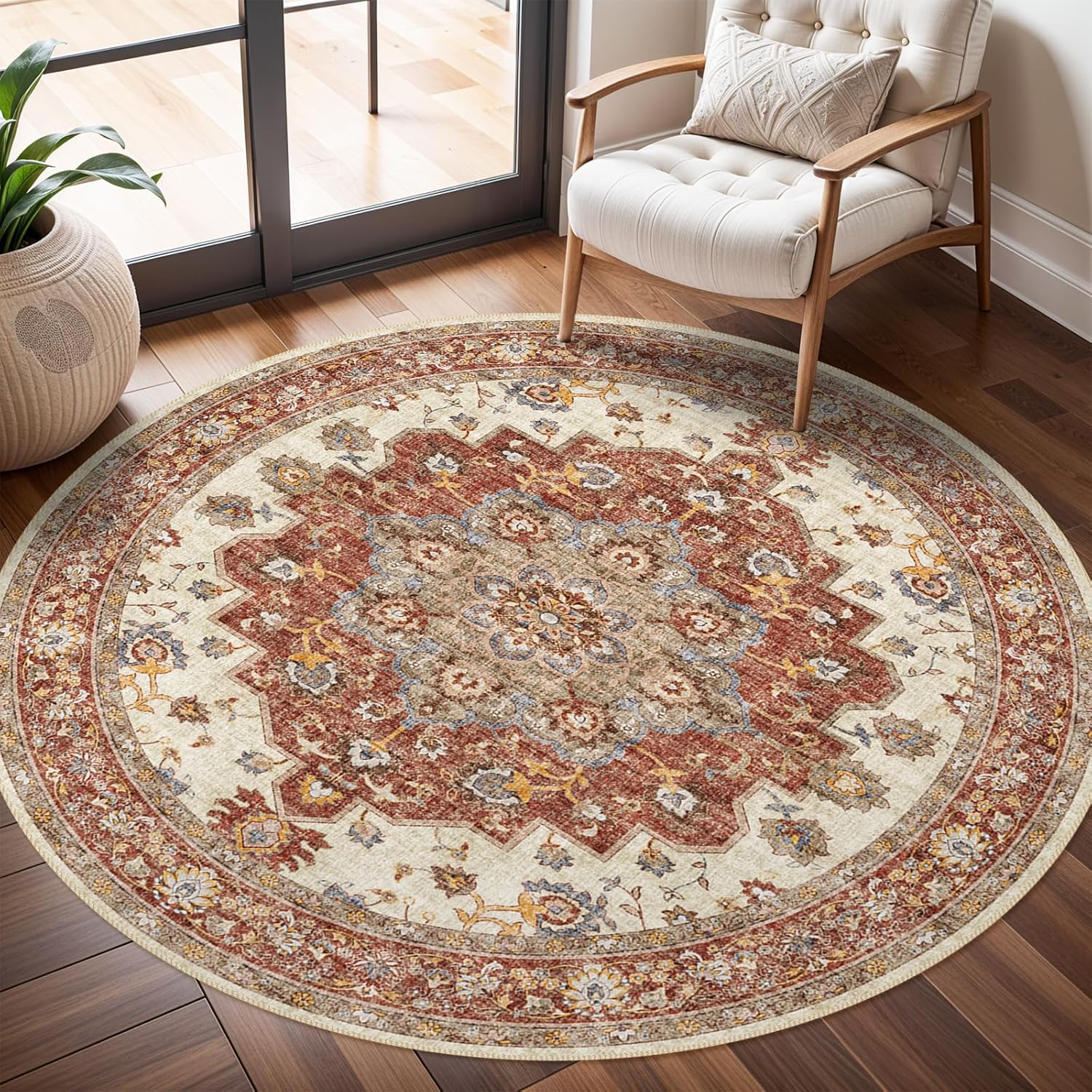Washable Oriental Area Rug - 6ft Round Soft Carpet for Home