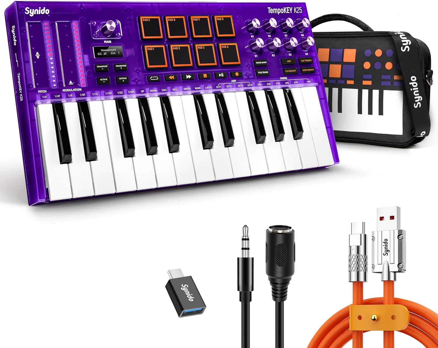 Portable Purple MIDI Controller with Drum Pads & Arpeggiator