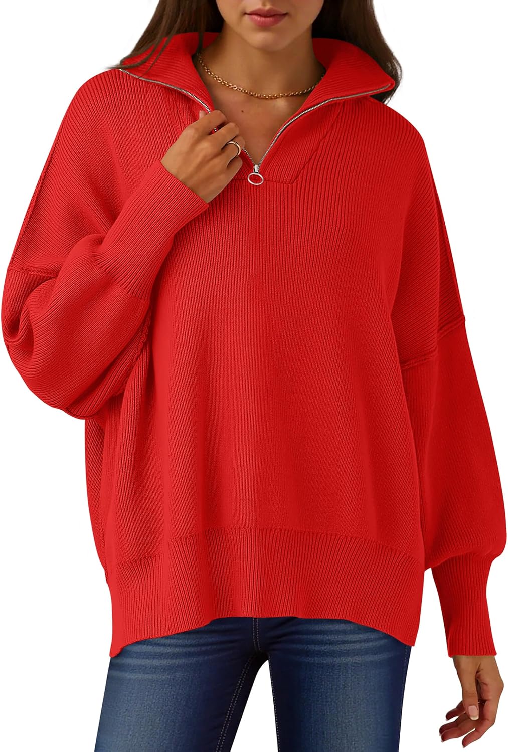 Oversized Fashion Long Sleeve Quarter Zip Sweater for Women