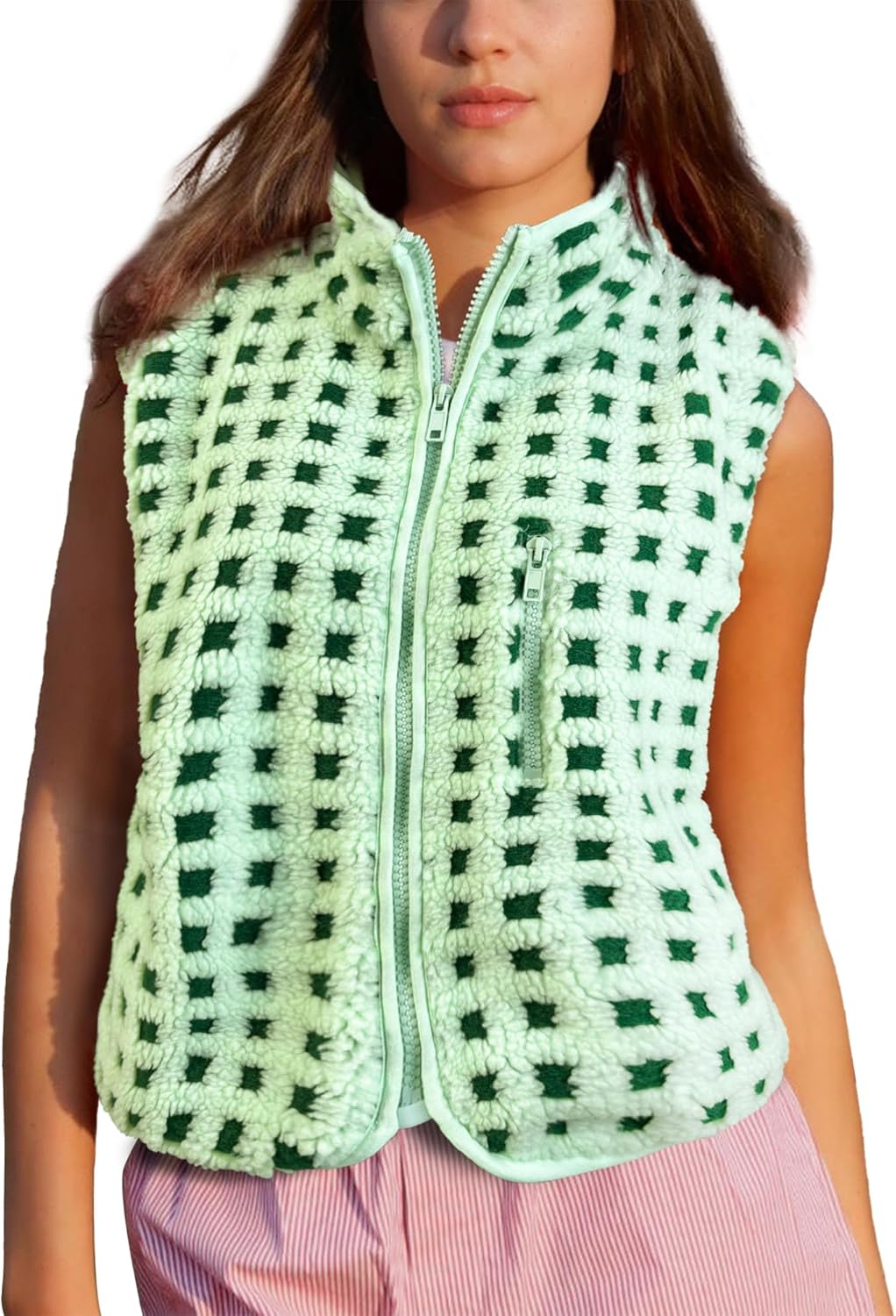 Colorful world Womens Checkered Sherpa Vest Fleece Jacket