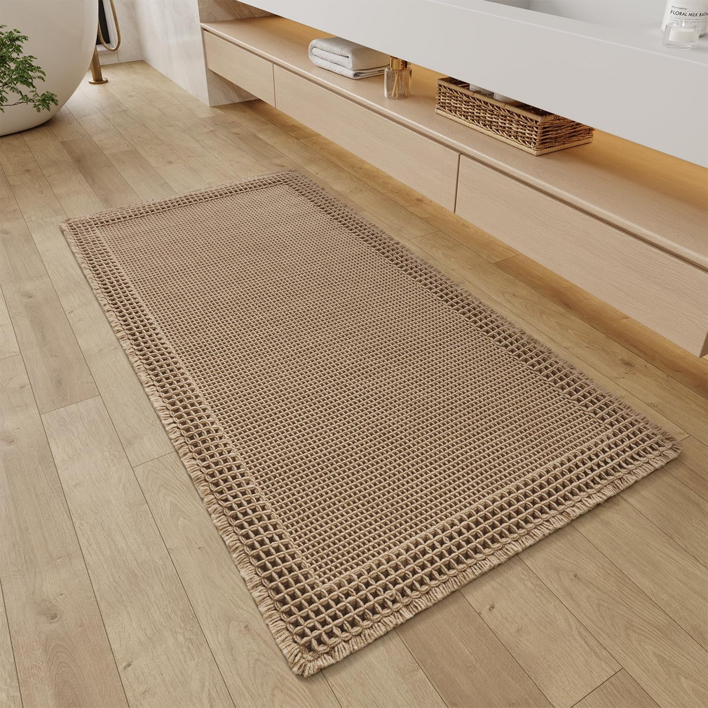 Super Absorbent Waffle Bathroom Runner Rugs with Tassels