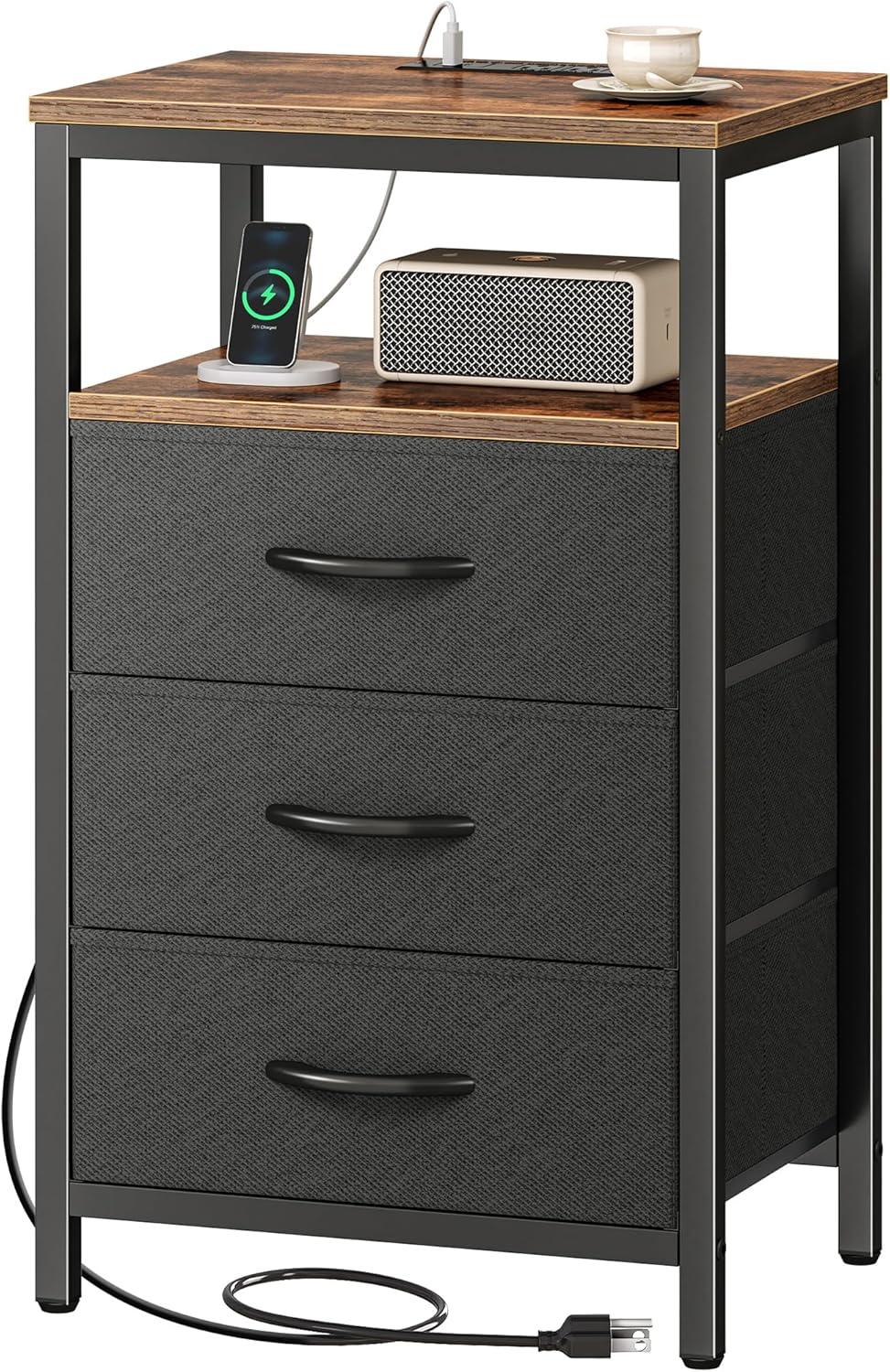Huuger Nightstand with Charging Station and Fabric Drawers