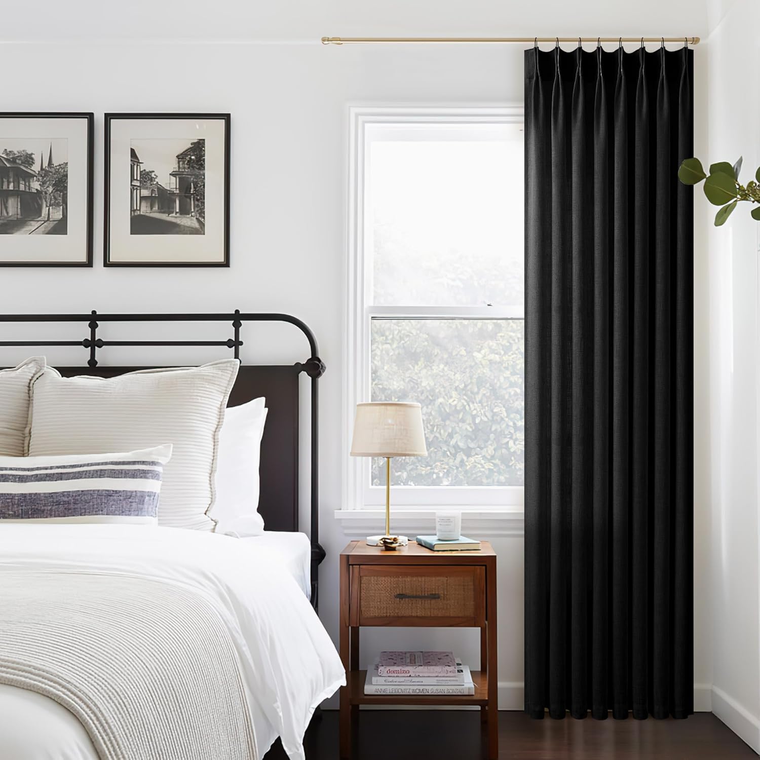 Black Linen Curtains Pinch Pleated 90 Inches Long for Elegance