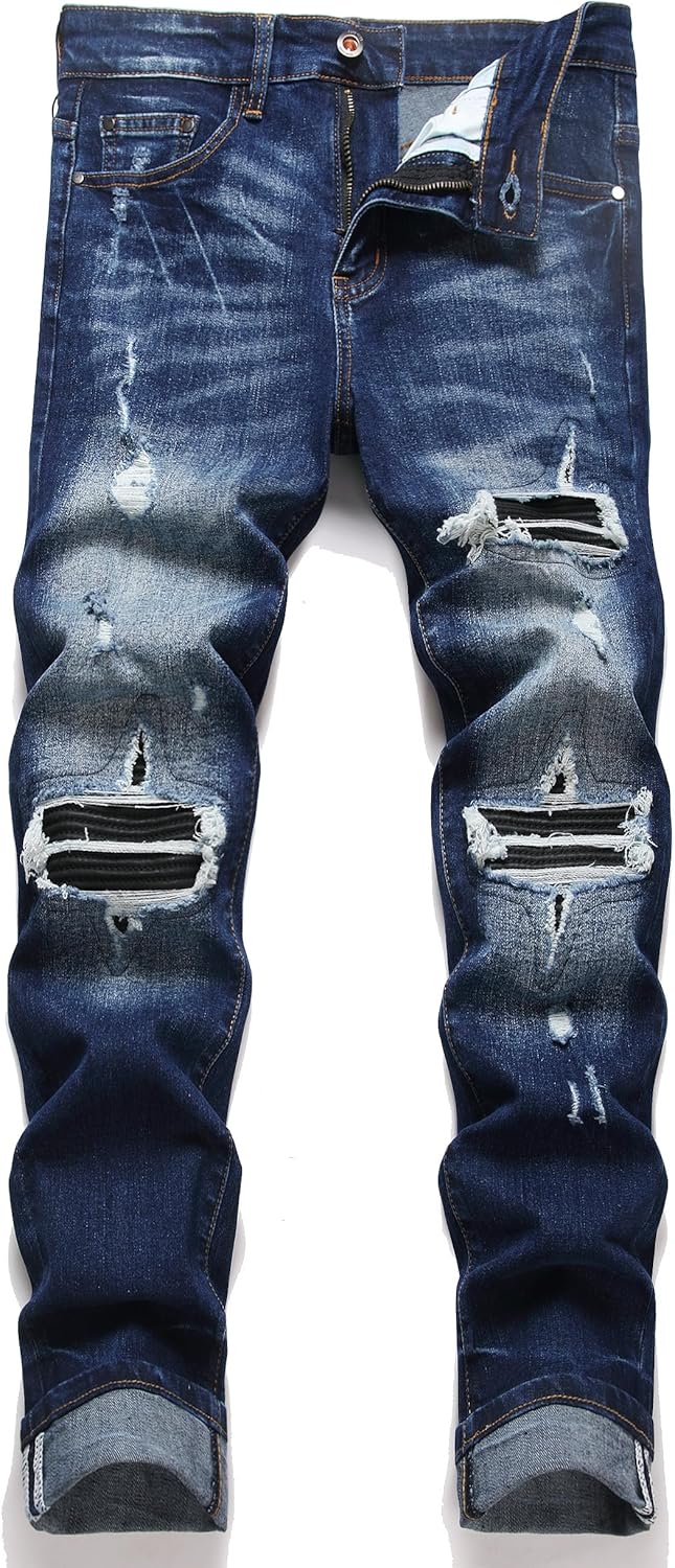 AITITIA Men's Ripped Regular Fit Stretch Jeans for Comfort