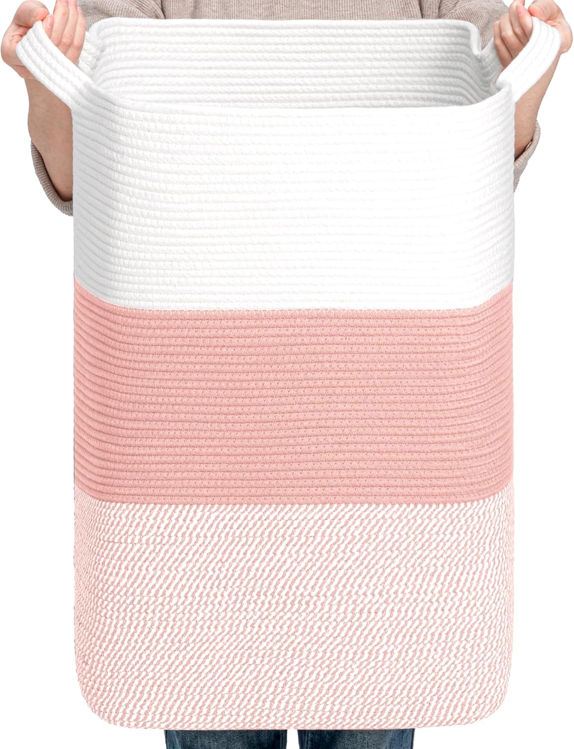 95L Rectangular Pink Rope Laundry Basket for Home Organization