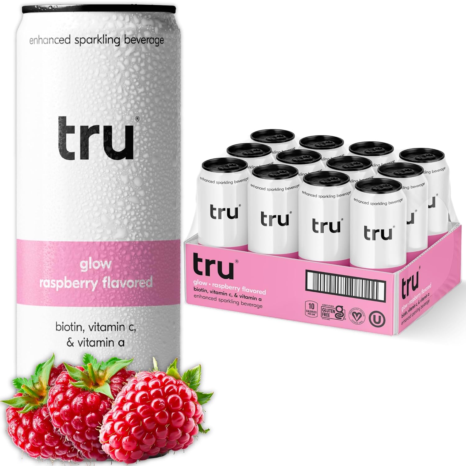 Tru Glow Seltzer: Sparkling Water with Biotin & Real Raspberry Juice