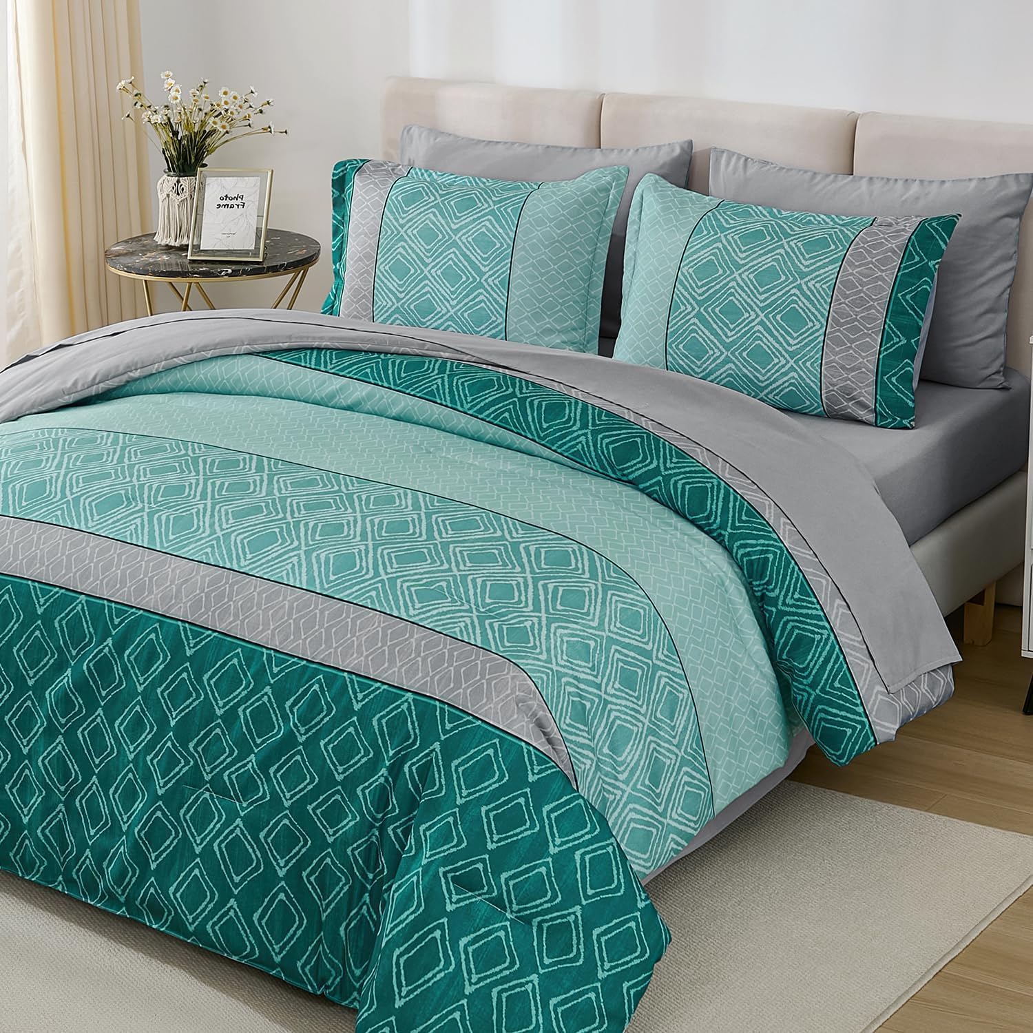 Queen Comforter Set Boho Soft Teal Striped 7 Piece Bedding