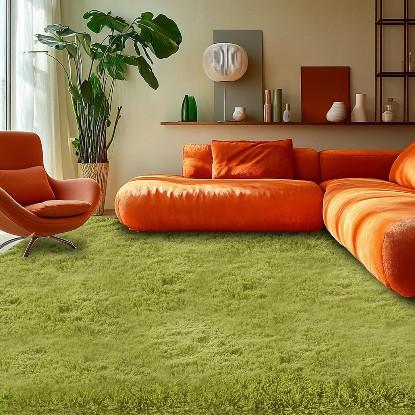 Green Fluffy Shag Carpet 6x9 for Cozy Living Room Decor