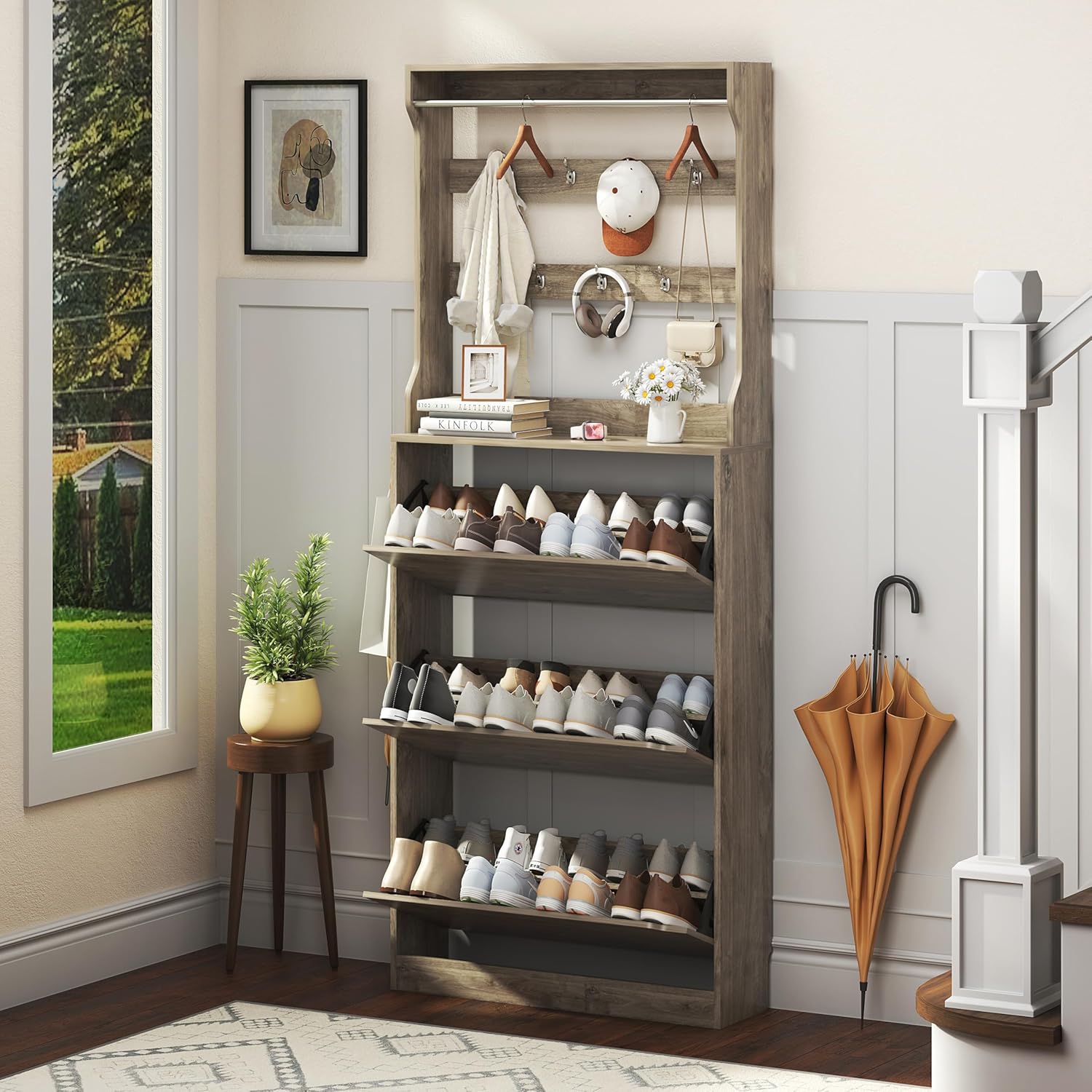 Shoe Cabinet for Entryway with 3 Flip Drawers and Coat Rack