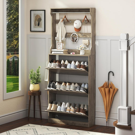 Shoe Cabinet for Entryway with 3 Flip Drawers and Coat Rack