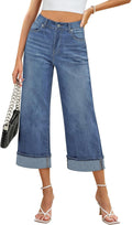 Wide Leg Jeans for Women High Waisted Crop - Fold Hem Baggy Fit