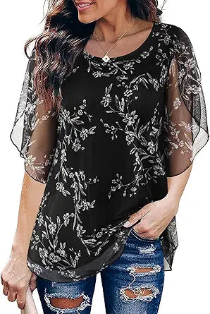SeSe Code Womens Ruffle 3/4 Sleeve Mesh Blouses for Style