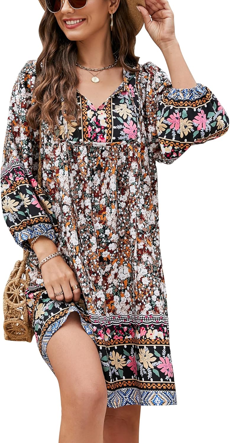 Bluetime Women Casual Summer Dress Boho V Neck Floral Print