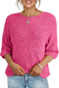 Womens 3/4 Sleeve Striped Lightweight Knit Pullover - Boho Crewneck