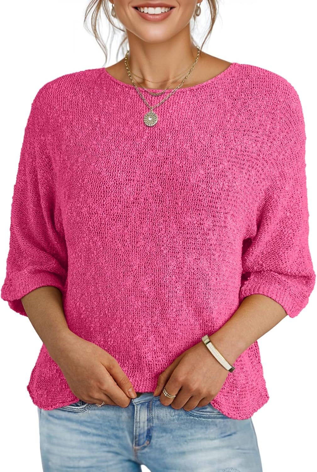 Dokotoo Womens Casual Crewneck 3/4 Sleeve Striped Sweater