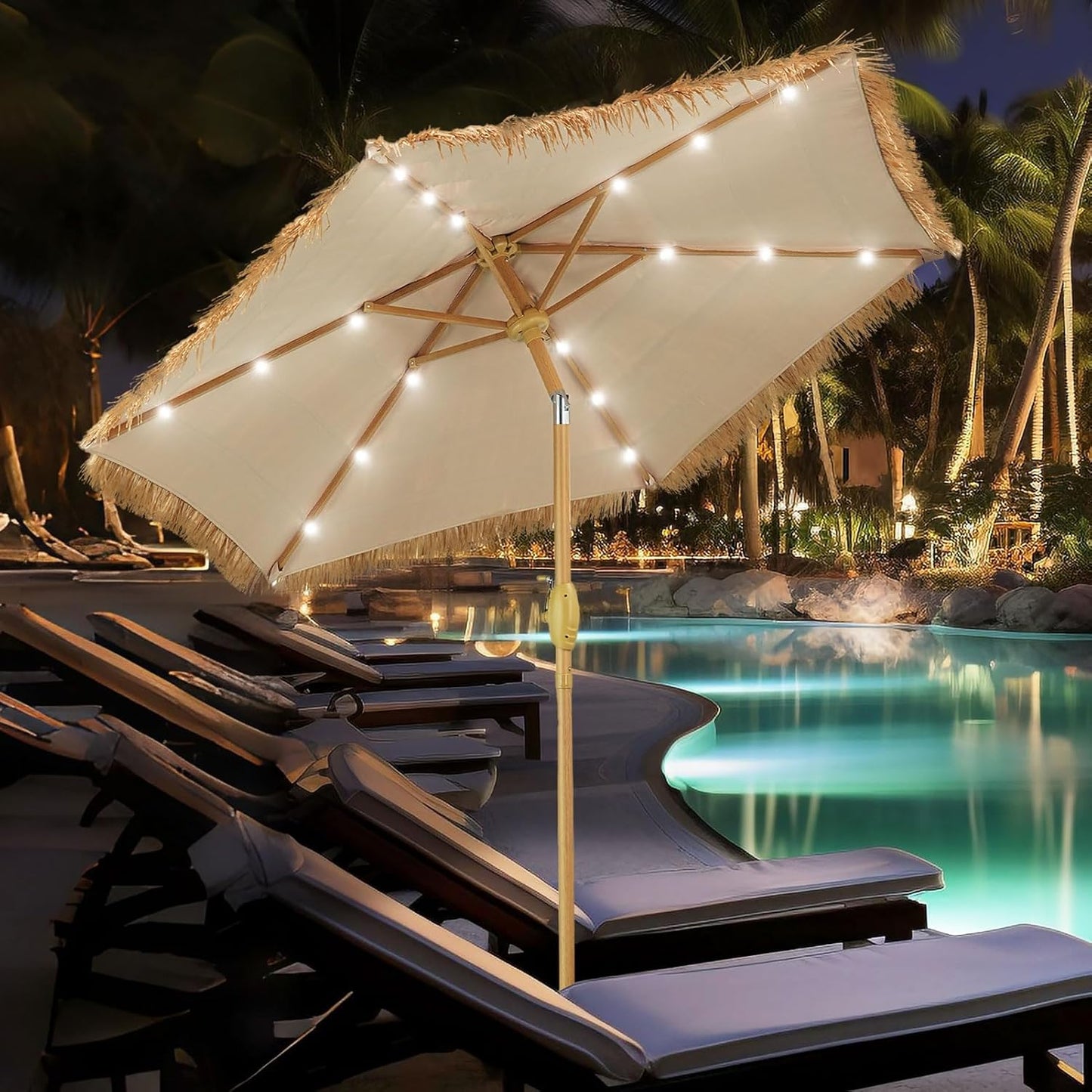 GDY 7.5 ft Tiki Patio Umbrella with LED Lights for Outdoor Fun