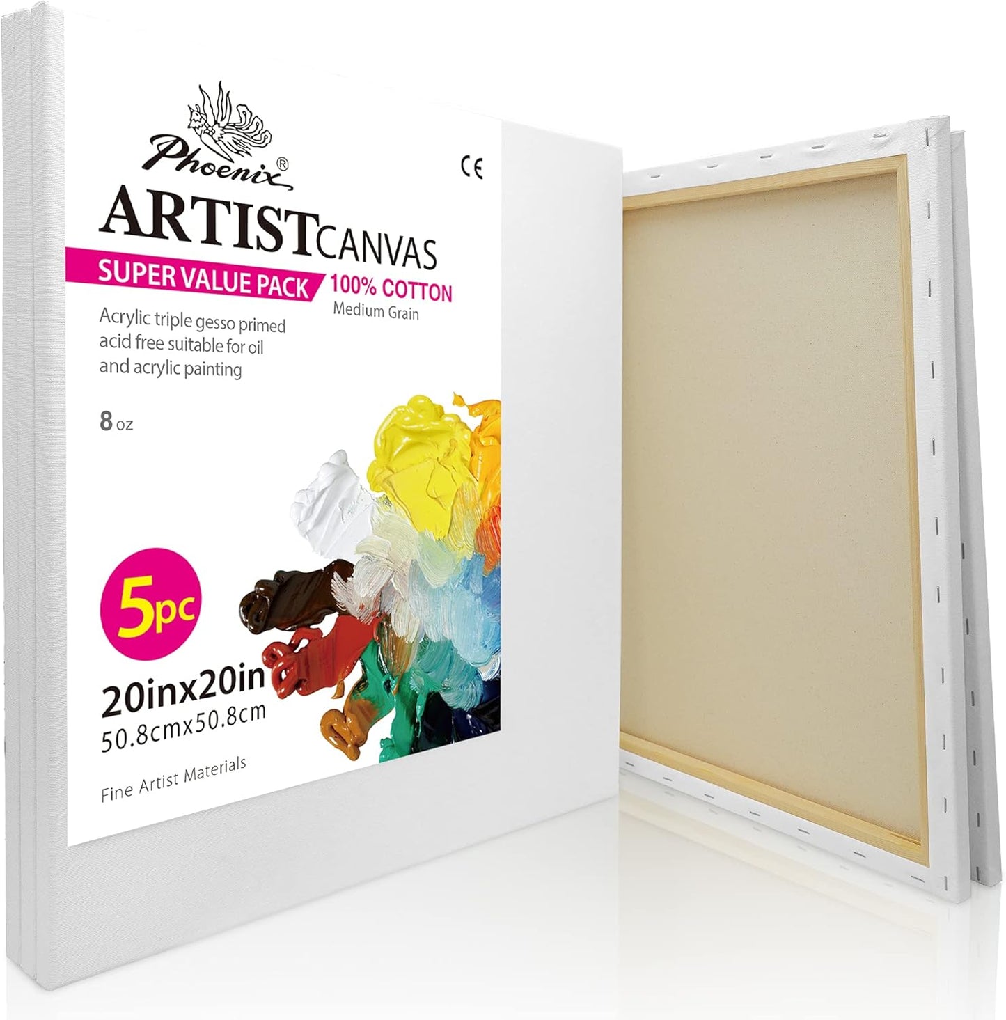 PHOENIX Large Stretched Canvas for Painting 20x20 Inch Value Pack