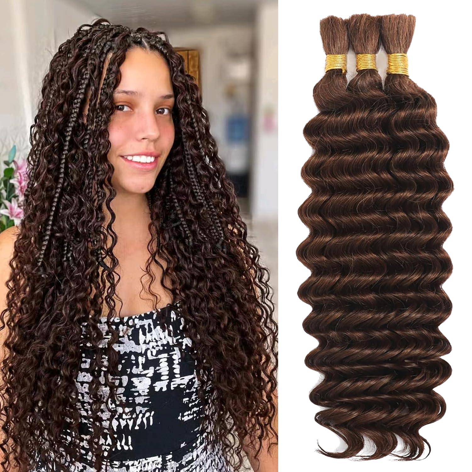 Chocolate Brown Deep Wave Bulk Human Hair for Boho Braids