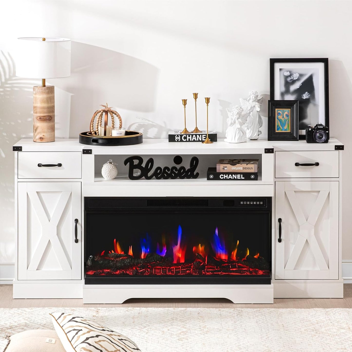 White Farmhouse TV Stand w/ Electric Fireplace & Storage