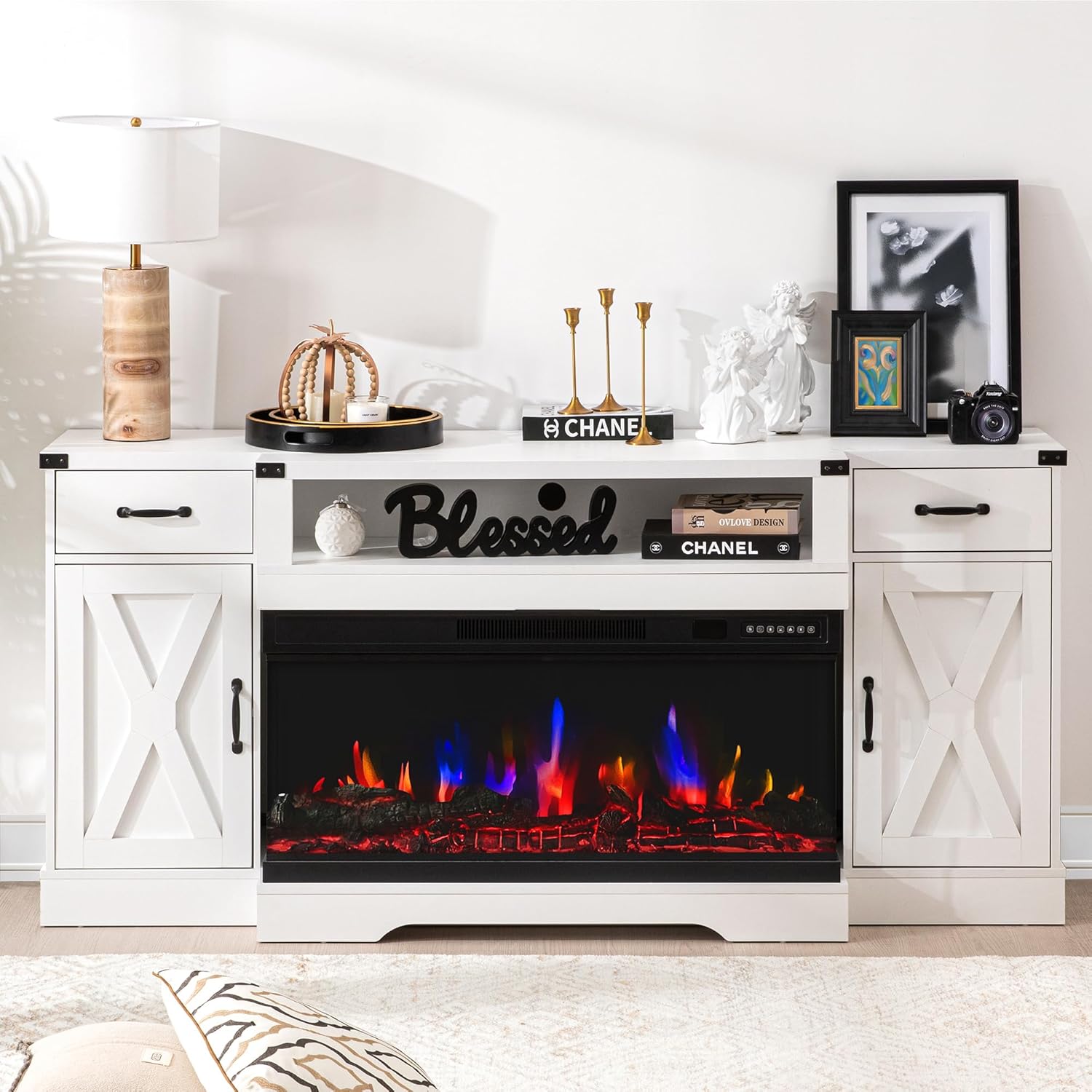 White Farmhouse TV Stand w/ Electric Fireplace & Storage