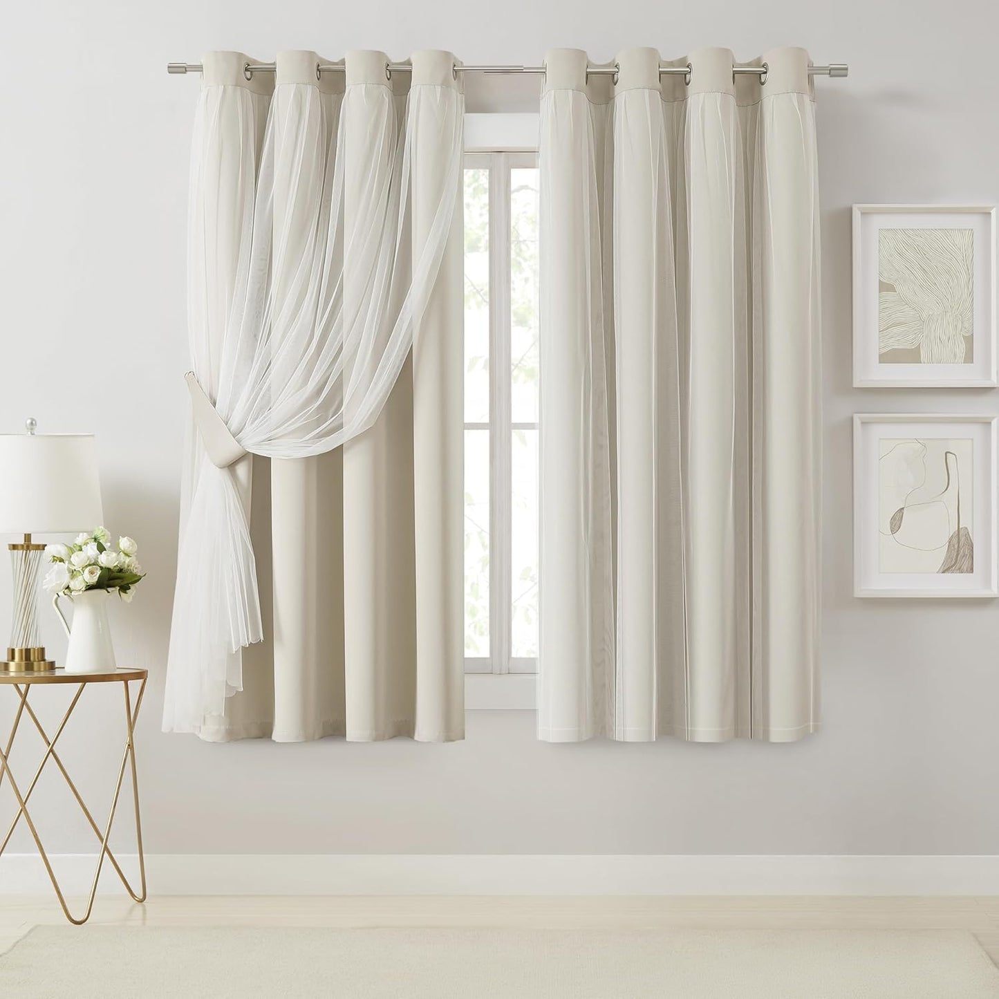 Bujasso Beige 80% Blackout Curtains with Sheer Overlay Panels