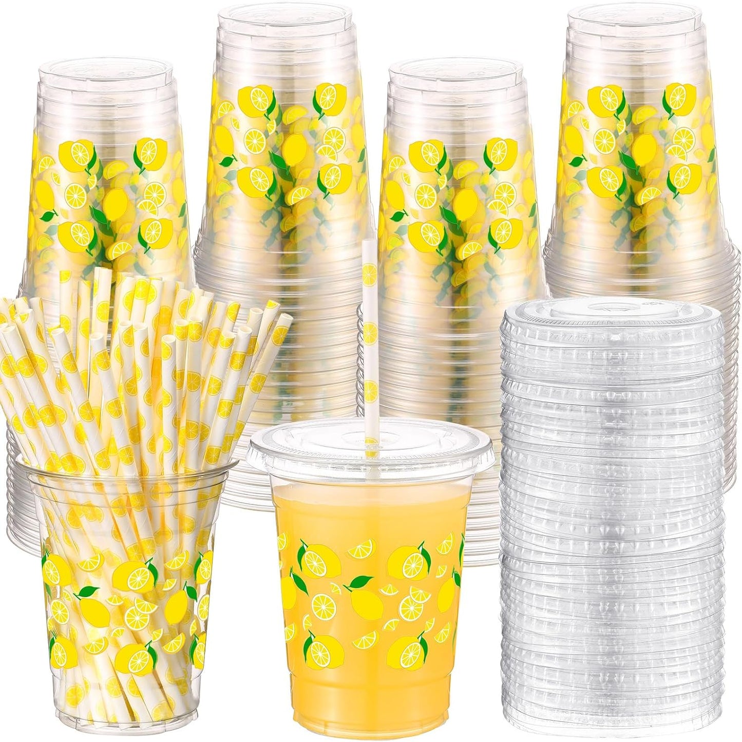 Lemon Theme Party Plastic Cups with Lids and Straws for Events