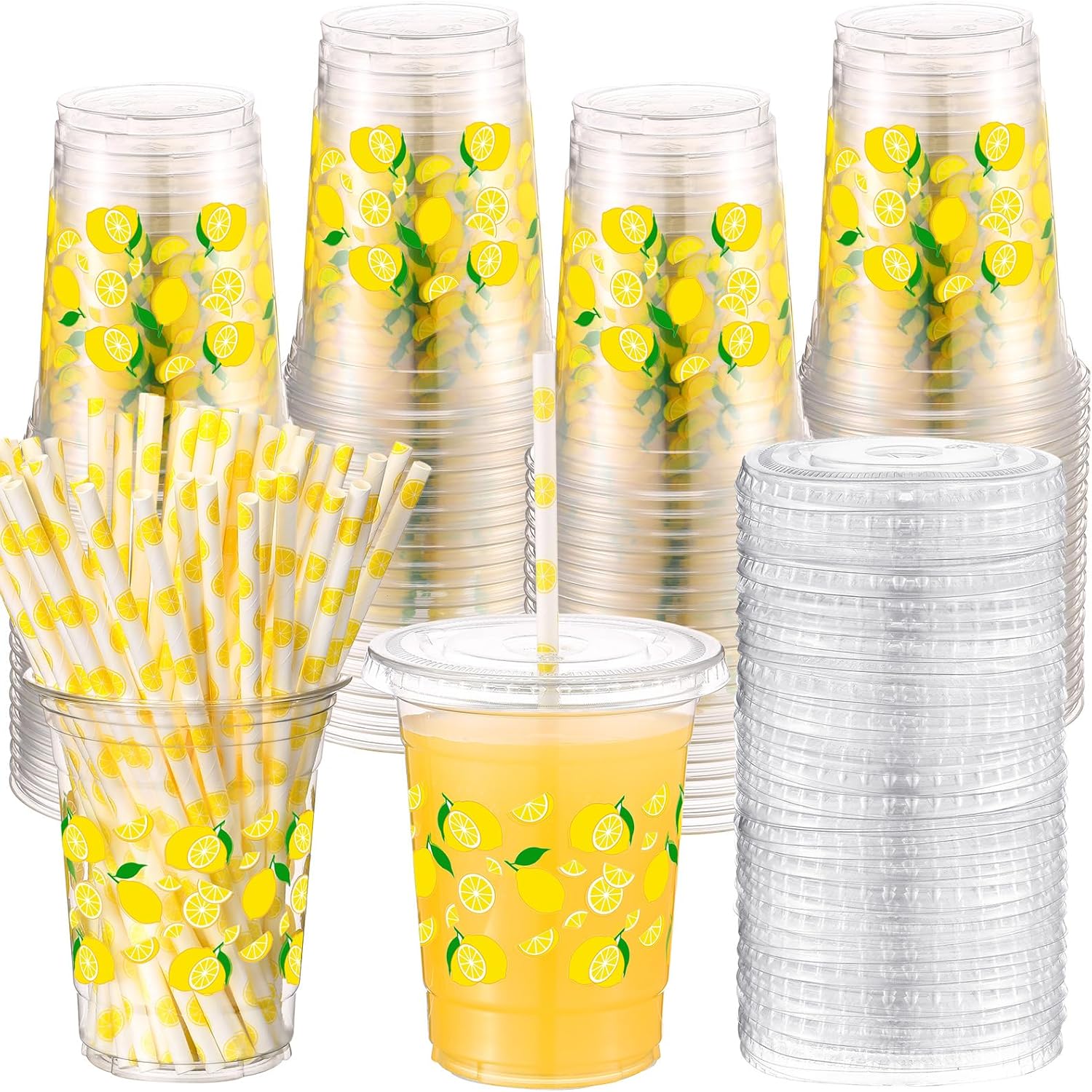 Lemon Theme Party Plastic Cups with Lids and Straws for Events