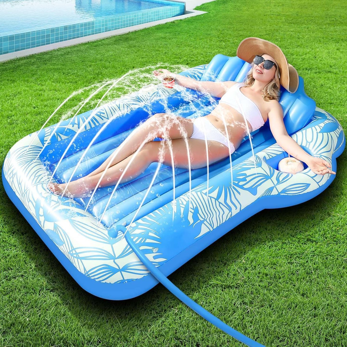 Inflatable Tanning Pool Lounger Float with Sprinkler for Adults