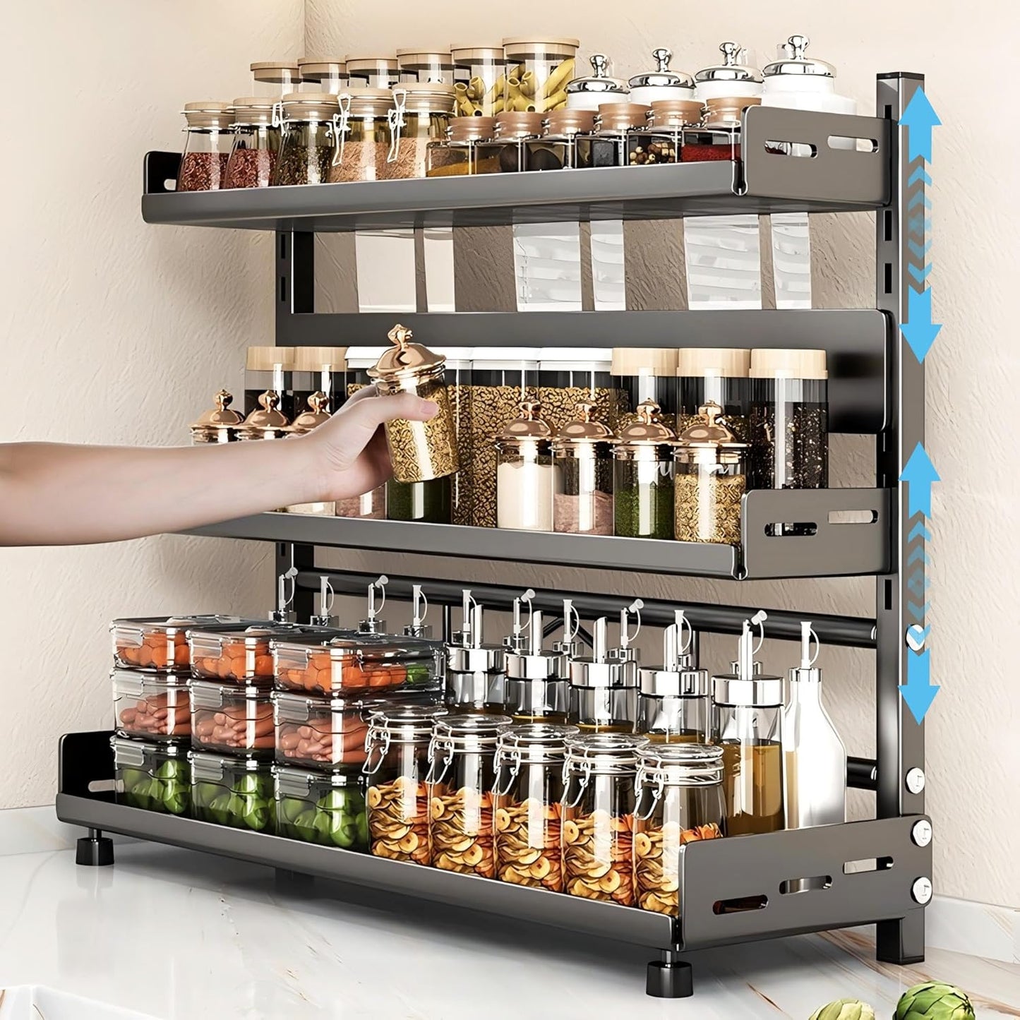 VORA Spice Rack for Countertop - Adjustable 3 Tier Organizer