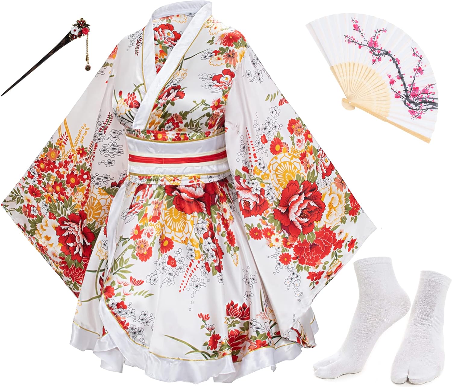 Japanese Anime Women's Dance Kimono Robe with Accessories Set