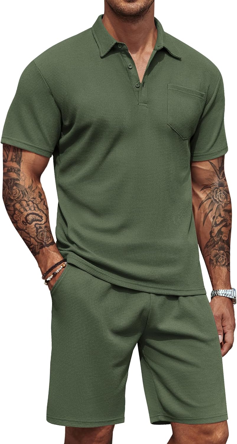 COOFANDY Men's Waffle Knit Polo Shirt and Shorts Set for Summer