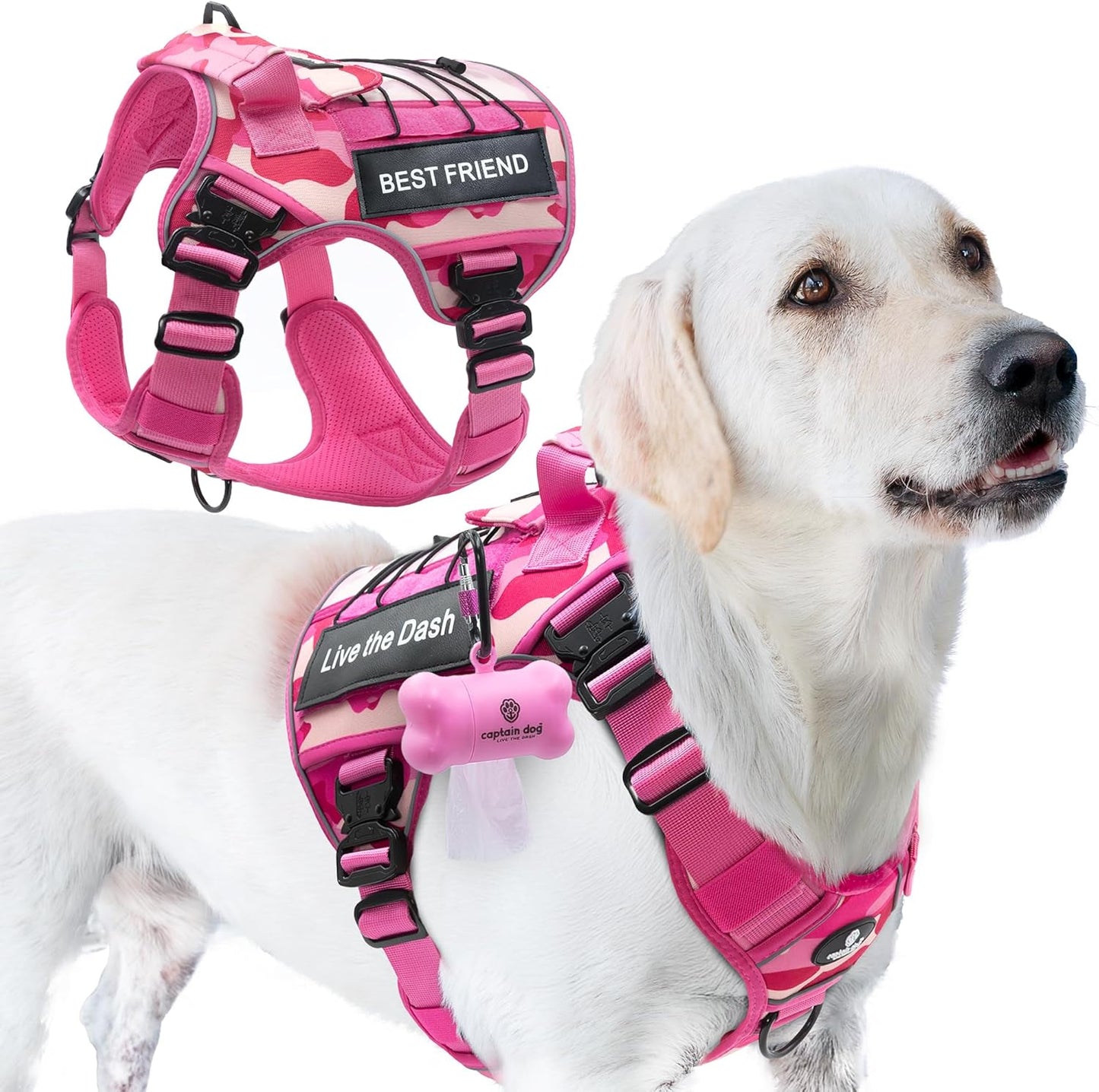 Pink Camo No Pull Harness for Large Dogs with 4 Buckles