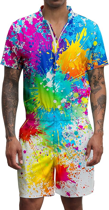 Goodstoworld Male Hawaiian Romper Fashion Zipper Slim Fit Jumpsuit