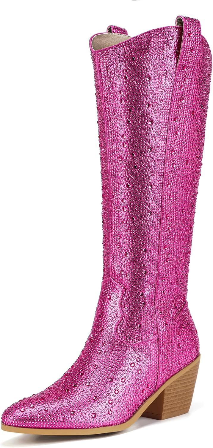 Stylish Rhinestone Cowboy Boots for Women with Chunky Heels