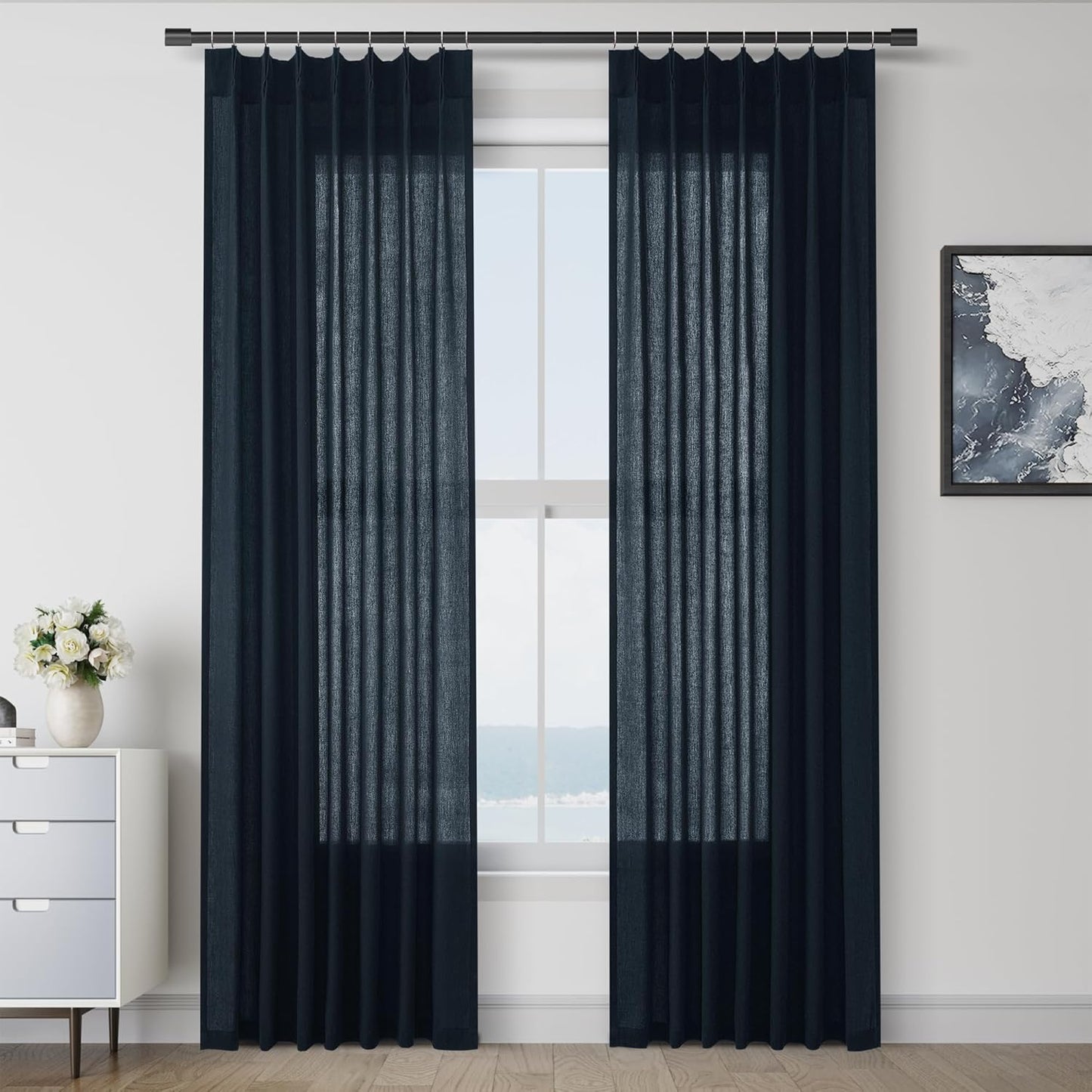 Navy Blue Pinch Pleated Linen Curtains for Elegant Home Decor