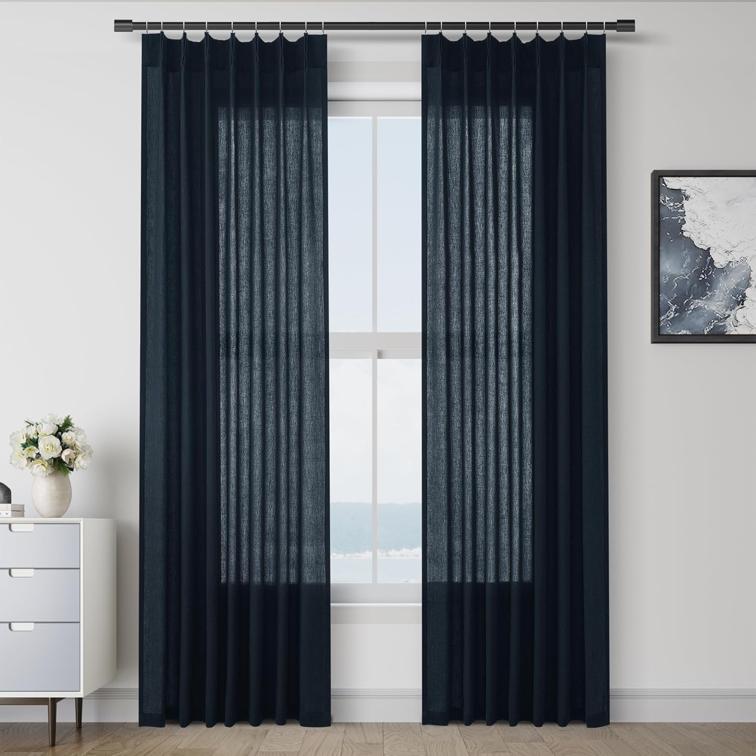 Navy Blue Pinch Pleated Linen Curtains for Elegant Home Decor