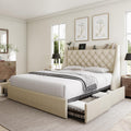 Full Size Bed Frame with 4 Storage Drawers and Wingback Headboard