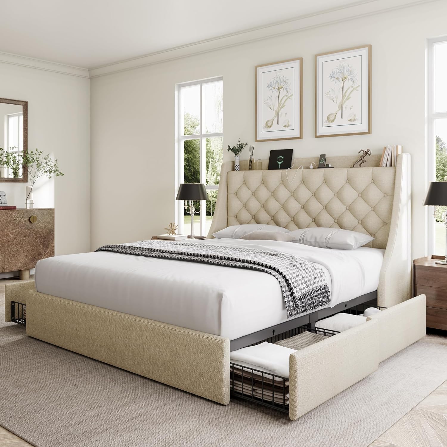 Full Size Bed Frame with Storage Drawers and Smart Headboard