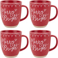 Merry Raw Clay Bottom Red Ceramic Christmas Coffee Mugs Set of 4