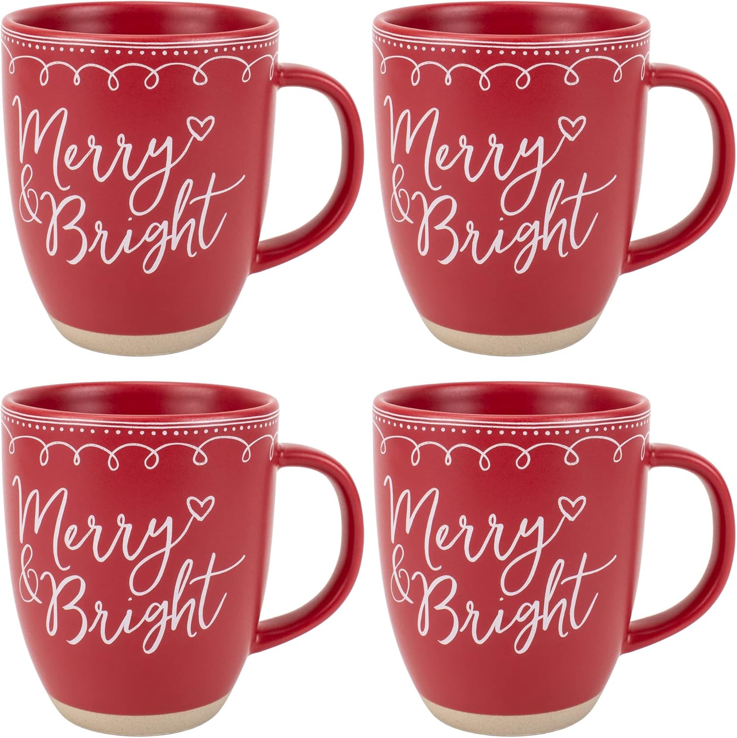 Merry Raw Clay Bottom Red Ceramic Christmas Coffee Mugs Set of 4