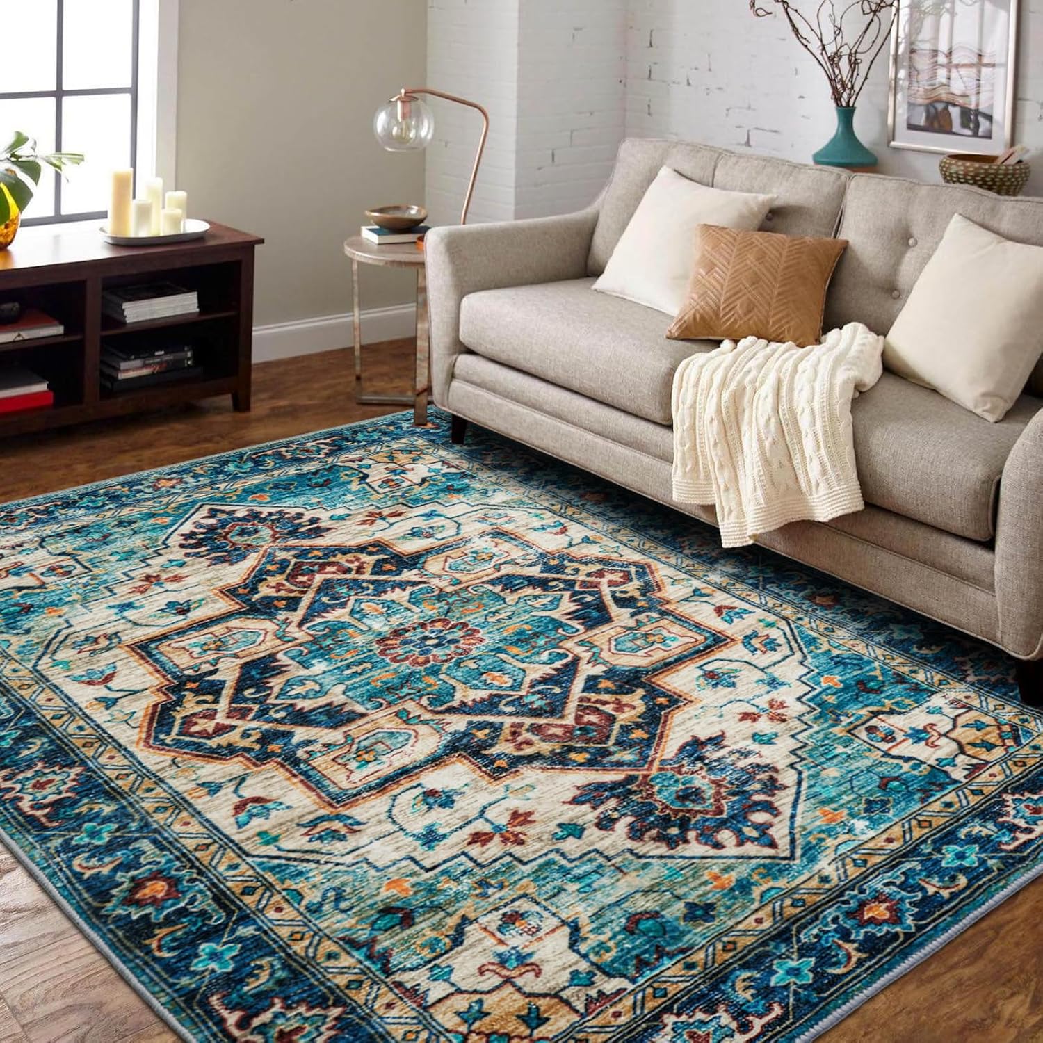 5x7 Area Rugs Low-Pile Vintage Rug for Living Room & Bedroom
