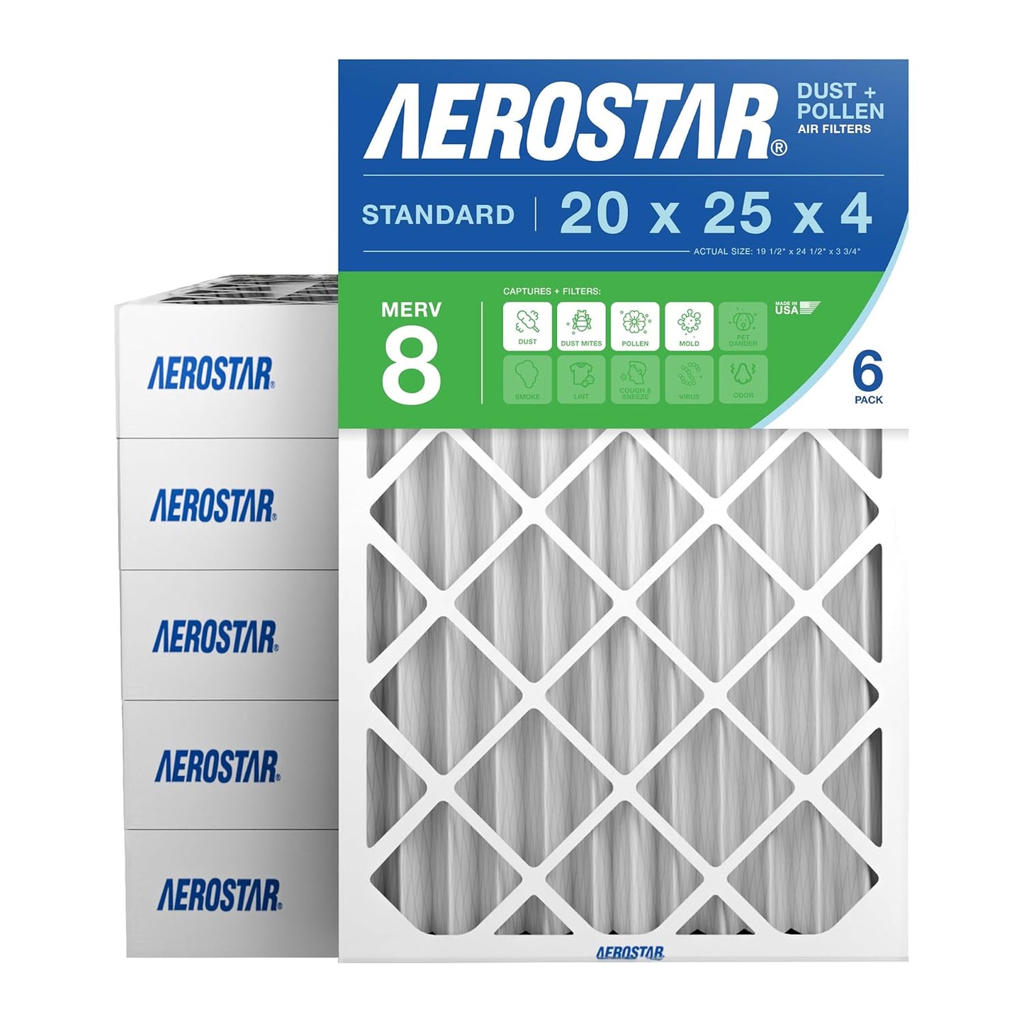 Aerostar 20x25x4 MERV 8 Air Filter for Allergies & Dust