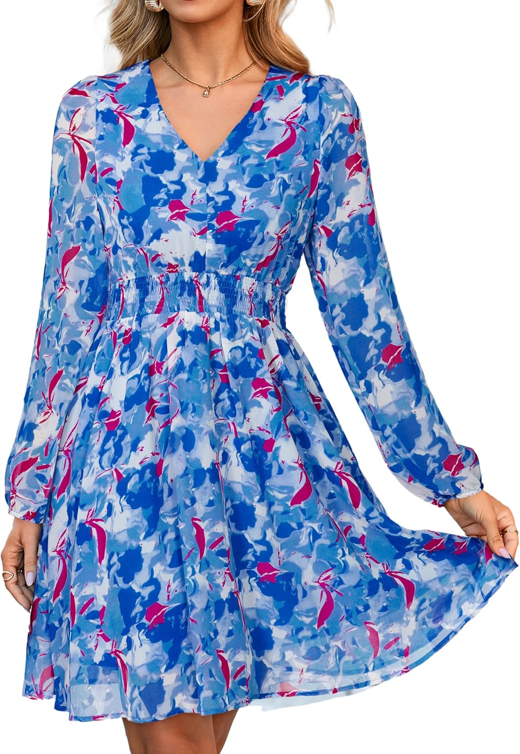 Simplee Womens Floral Mini Dress Long Sleeve Casual V Neck