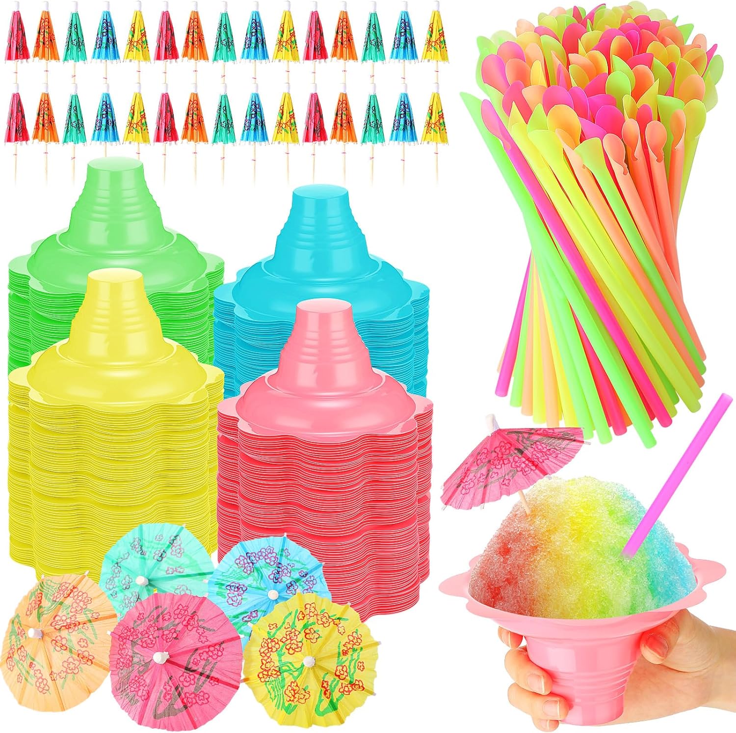 Eaasty 300 Sets Summer Snow Cone Cups with Spoon Straws Kit
