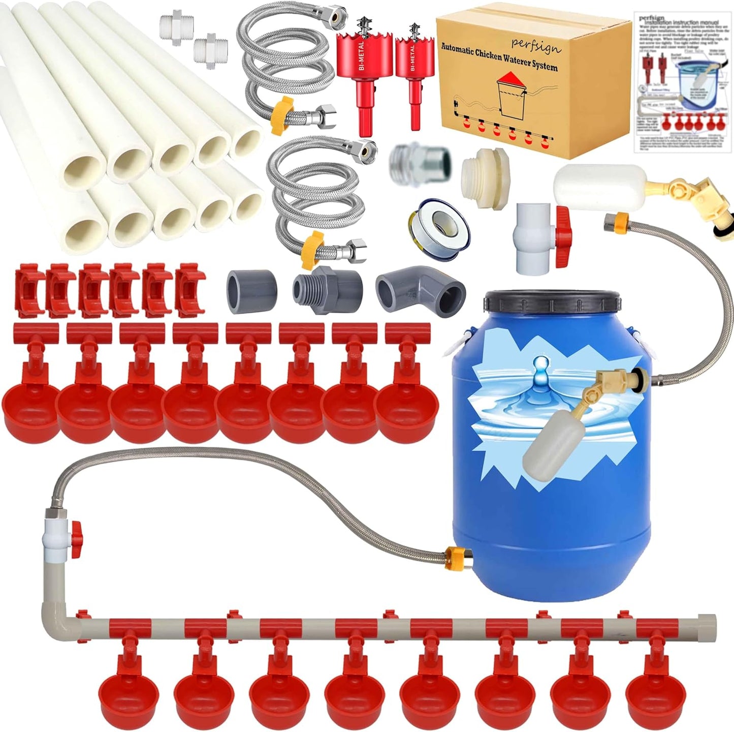 Automatic Chicken Waterer System with 58 Accessories
