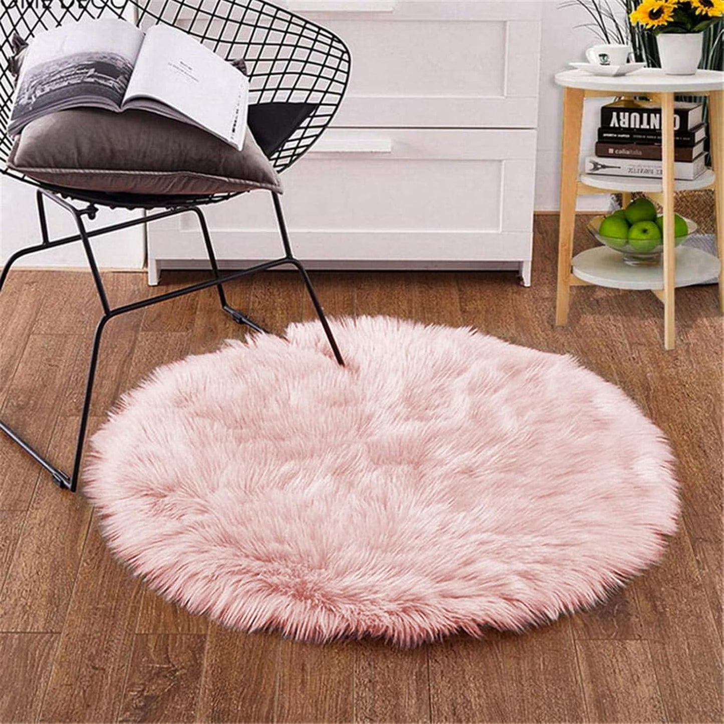 Goolela Pink Circle Rug - 4ft Round Shaggy Faux Fur Plush